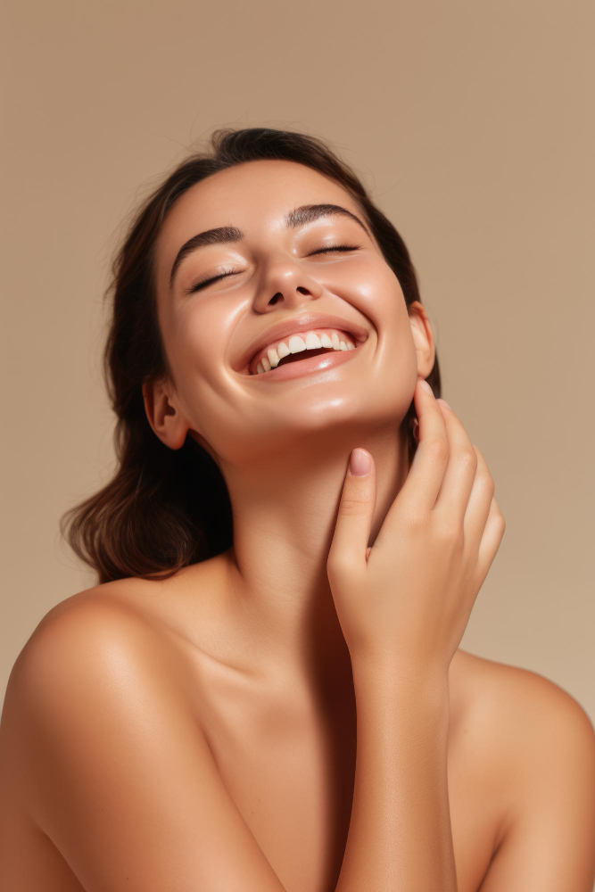 portrait-smiling-woman-enjoying-beauty-treatment-beige-background-ai-generated